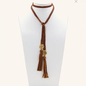 Patricia Nash Cara Leather Lariat Braided Necklace In Navy Blue
